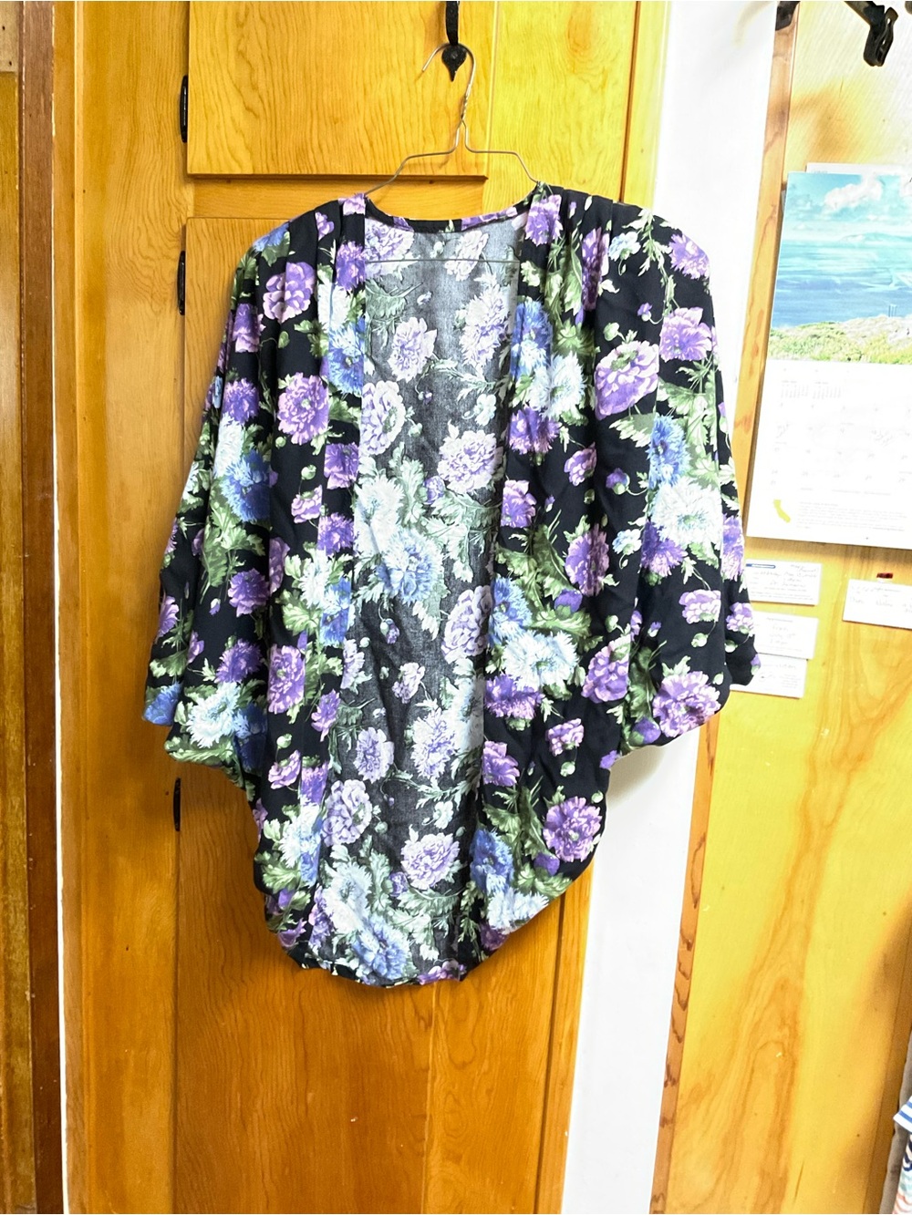 Open-Front Floral Kimono Tunic in Black with Purple & Green Blooms